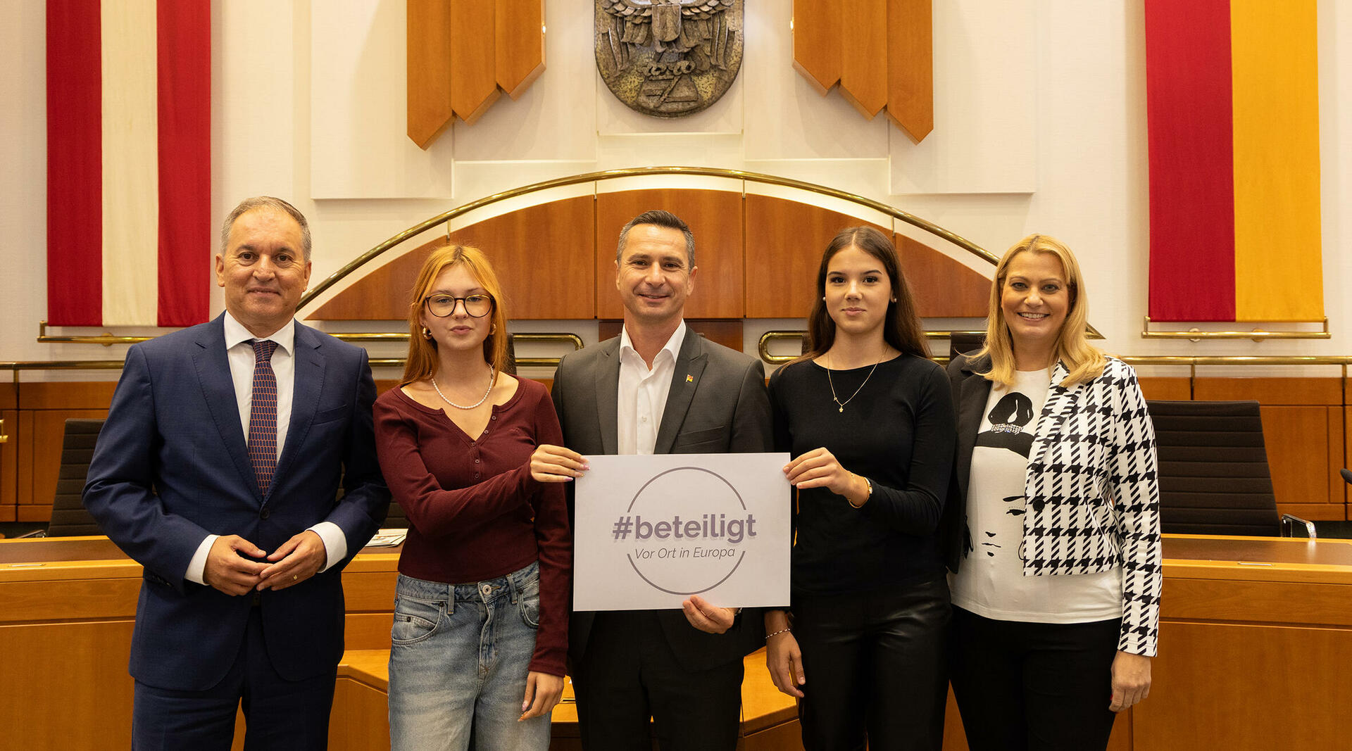 Botschafter Vito Cecere, Elena-Kristin Szücs, LT-Präsident Hergovich, Magdalena Rosenauer, Landesrätin Daniela Winkler